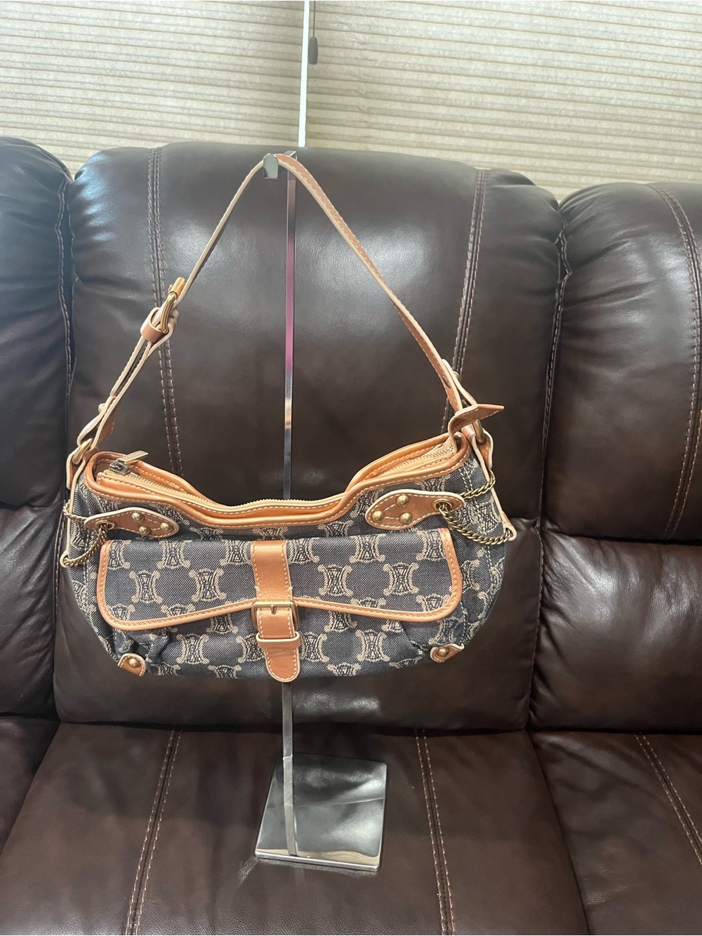 Celine Celine Vintage Macadam Denim Shoulder Bag – Tan Leather Trim Y2K